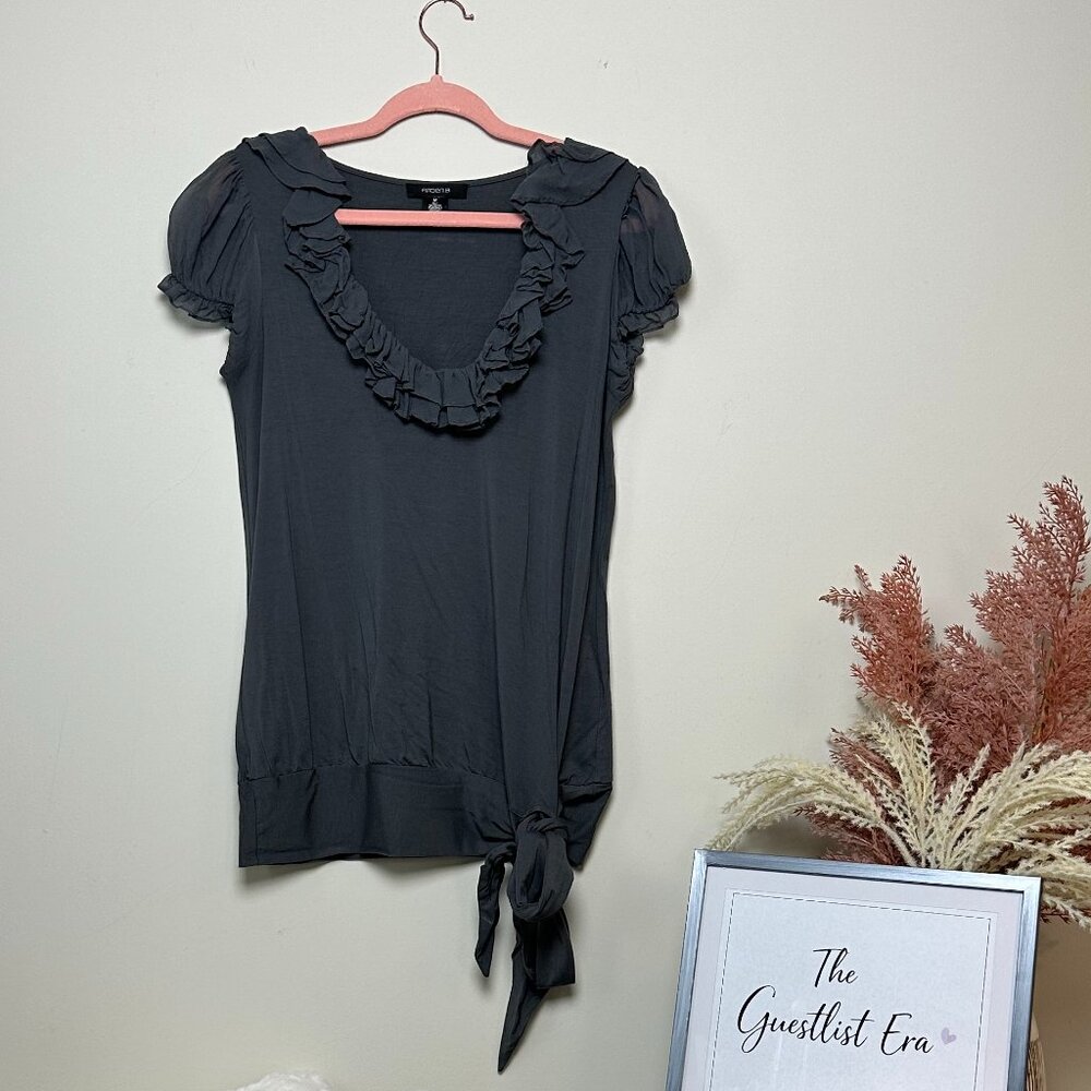 Arden B Grey Ruffle Top that Ties at Waist